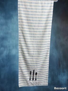 Coastal Striped Blue and White table runner with Cutlery Motif rodeo home